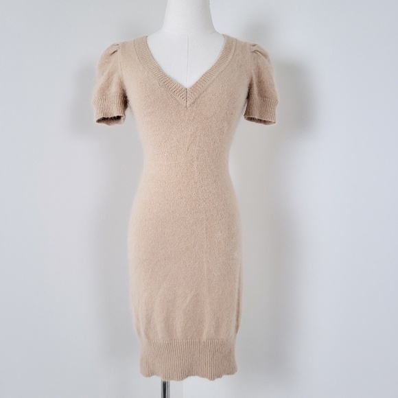 *Free with Purchase* Angora Puff Sleeve Mini Dress Tan V-neck Soft - Picture 2 of 12